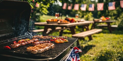 A close-up of a BBQ grill with sizzling food and American flag decorations surrounding the picnic table in the background.