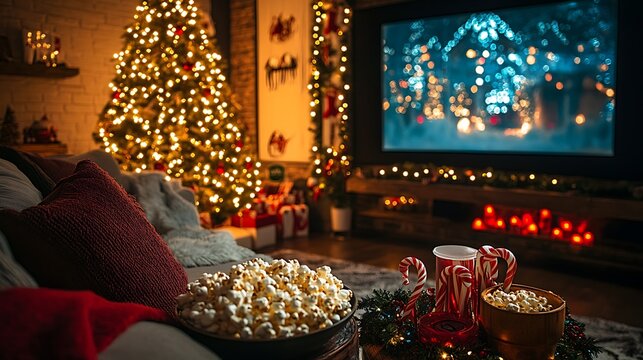 A warm and inviting movie night scene, living room with a comfy sofa, decorated Christmas tree sparkling, big screen showing a popular holiday film,