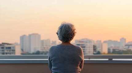 Senior Woman Practicing Yoga on Balcony Overlooking Peaceful Urban Sunrise Landscape