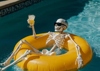 Skeleton Relaxing in a Pool Float with a Drink