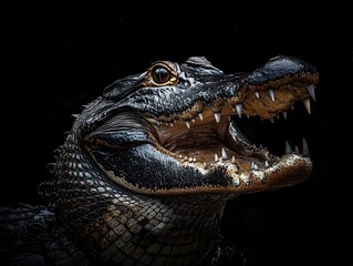 Fototapeta premium Fierce alligator with open jaws and sharp teeth against a dark background