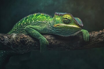 Fototapeta premium Close-up of a vibrant green chameleon perched on a tree branch