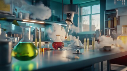 A vibrant laboratory scene featuring various colorful beakers and flasks with smoke and steam, showcasing an experimental environment rich in scientific exploration.