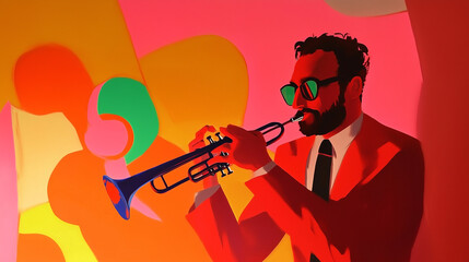 Fototapeta premium A musician in vibrant colors plays the trumpet, creating a jazz atmosphere