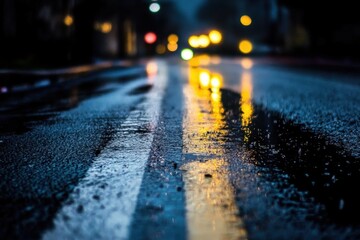 Wet asphalt road with white lines reflecting blurry city lights at night.