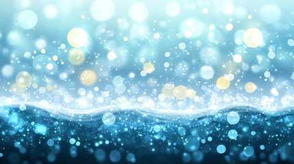 Abstract blue and white background with bokeh lights and wavy lines.