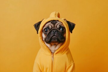 Pug Wearing a Yellow Hoodie