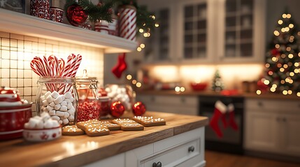 Charming and traditional Christmas kitchen, baking station with gingerbread cookies, candy canes arranged in a jar, hot cocoa bar with marshmallows and whipped cream, holiday-themed tea towels,