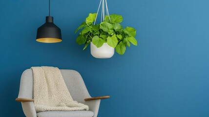 Reading nook with hanging plants, a soft chair with a wool throw, and a cozy lamp for evening reading   reading nook, plant accents