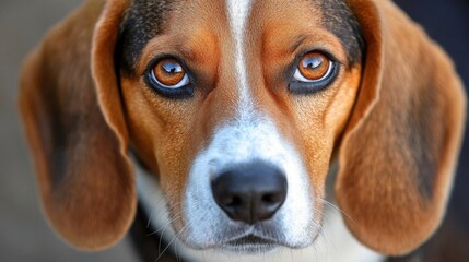 close-up portrait of a beagle dog with intense gaze