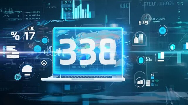 Global Reach:  A futuristic laptop screen displays the number 338, symbolizing a global network and interconnectedness, with a digital world map and data visualizations in the background.