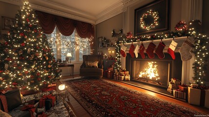 Charming Christmas living room, traditional tree with red and gold decorations, stockings on the mantel, fairy lights providing a soft glow, cozy fireplace with flickering flames,