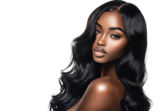 A black stunning woman rich dark skin with a long wavy hairstyle