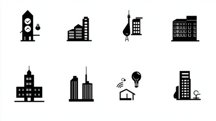 Monochromatic icons featuring buildings, clocks, and light bulbs, showcasing smooth lines and modern design aesthetic. Ideal for urban themes and architectural projects