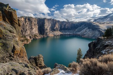 Breathtaking winter landscape with a serene alpine lake surrounded by rugged snow-capped mountains