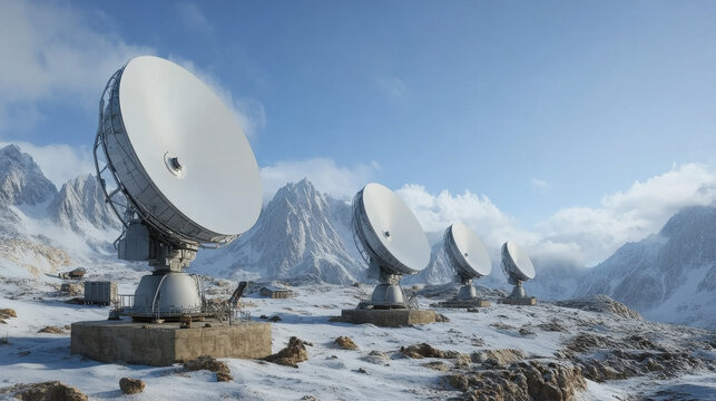 Large satellite dishes in snowy mountain landscape, capturing signals from space. serene environment contrasts with high tech equipment, showcasing innovation in remote locations
