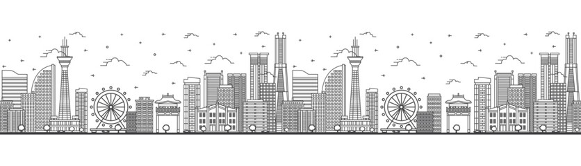 Obraz premium Seamless pattern with outline Yokohama Japan City Skyline with Modern Buildings Isolated on White. Yokohama Cityscape with Landmarks.