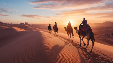 Travelers exploring sand dunes on a desert safari, riding camels at sunset.