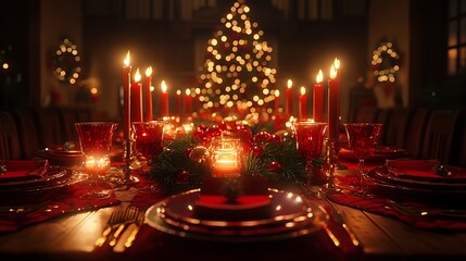 Christmas dinner table, decorated with a garland centerpiece of pine and holly, red and gold festive tableware, tall candles creating a soft, warm light, cozy and elegant setup, photorealistic,