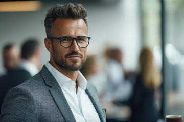 business mindset concept business mindset concept Entrepreneur in a crowded room, confidently exchanging business cards and discussing leadership ideas, Entrepreneur networking confidently in crowd