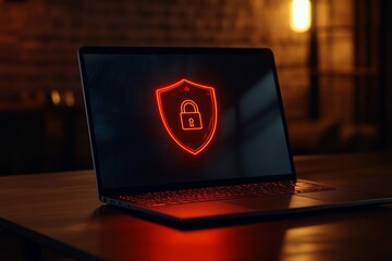 Laptop with Red Shield and Lock Icon