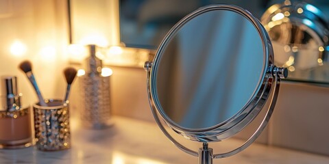 A close-up of a makeup mirror with built-in magnification and light features.