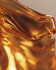 Extreme close-up of honey drip, golden liquid, viscous texture, smooth flow, natural amber color, soft lighting