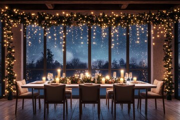 A beautifully decorated Christmas dining room with a garland above the table, elegant dinner setting for six, and candles. Night sky and stars visible through large windows.