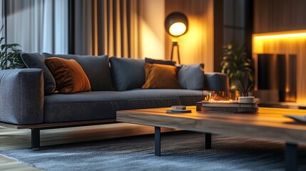 Modern Living Room Interior Design with Warm Lighting