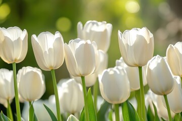 White tulips in a field, bathed in warm sunlight.