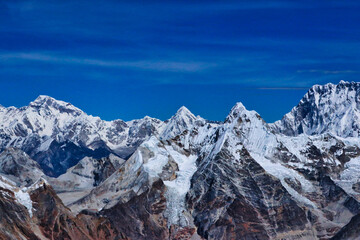 Great Himalayan Panorama,left to right,Gyachung Kang,7962 m,Pumori, 7145 m, Ama Dablam,6814 m and Malanphulan,6573 m from the Mera Peak central summit,6461 m,Mera Peak expedition,Nepal 