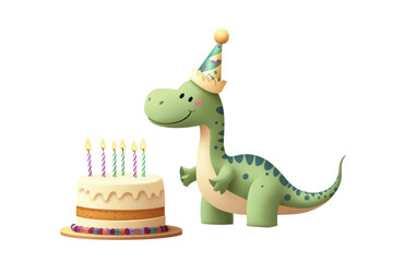 Fototapeta premium A cute green dinosaur blowing out birthday candles on a cake