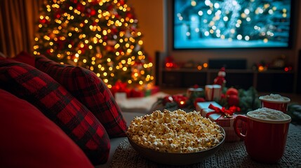 Christmas-themed movie night, comfortable living room with a big screen playing a holiday classic, decorated Christmas tree glowing softly, sofa with red plaid pillows,