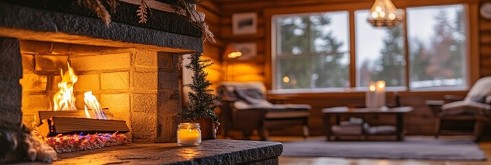 Fototapeta premium Cozy Fireplace in a Rustic Cabin