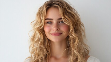 Naklejka premium Young woman with long blonde curly hair smiling at the camera.