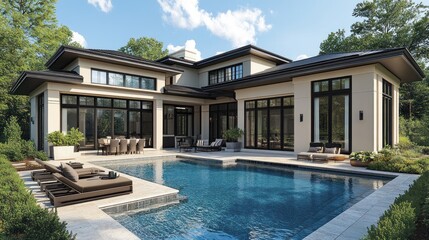 Fototapeta premium Modern home with pool and outdoor seating in a lush setting.