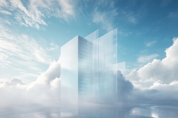 Futuristic glass skyscrapers reflecting in calm waters under a cloudy blue sky
