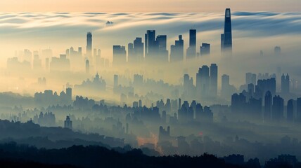 Fototapeta premium Panoramic view of the city with fog.