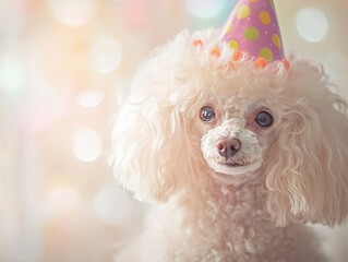 Adorable poodle dog wearing a polka dot party hat