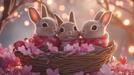 Three Cute Bunnies Snuggling in a Basket with Hearts