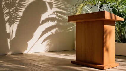 Wooden Platform with Sunlit Shadows and Green Leafy Plants