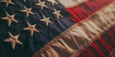 A close-up of an American flag waving in the wind, creating a dramatic, patriotic background with deep red, white, and blue colors.