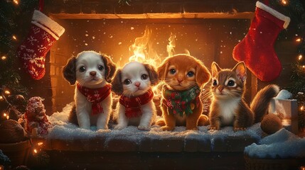 Cozy Christmas Fireplace with Adorable Puppies and Kitten