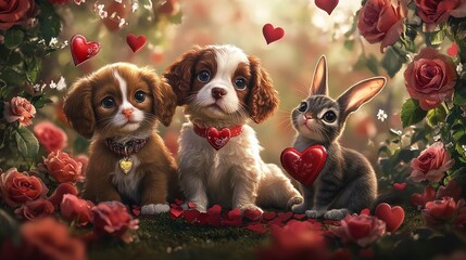 Three Cute Animals With Hearts in a Garden