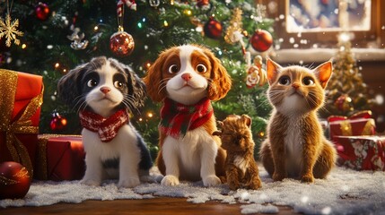 Cute Christmas Puppies and Kitten