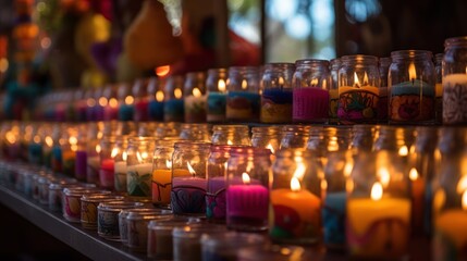 A Row of Burning Candles with Colorful Decorations
