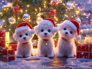 Three Adorable Puppies Dressed in Santa Hats for Christmas