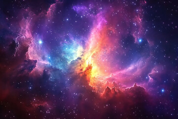 Acolorful space galaxy, cloud nebula, starry night cosmos, and supernova background in the field of science and astronomy.