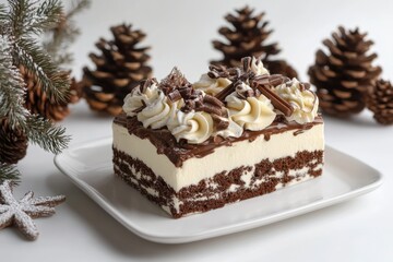 Chocolate Cake with Whipped Cream and Chocolate Decorations