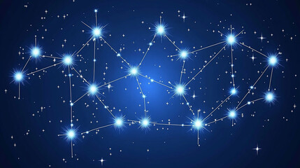 Abstract constellation of stars and lines on a dark blue background.